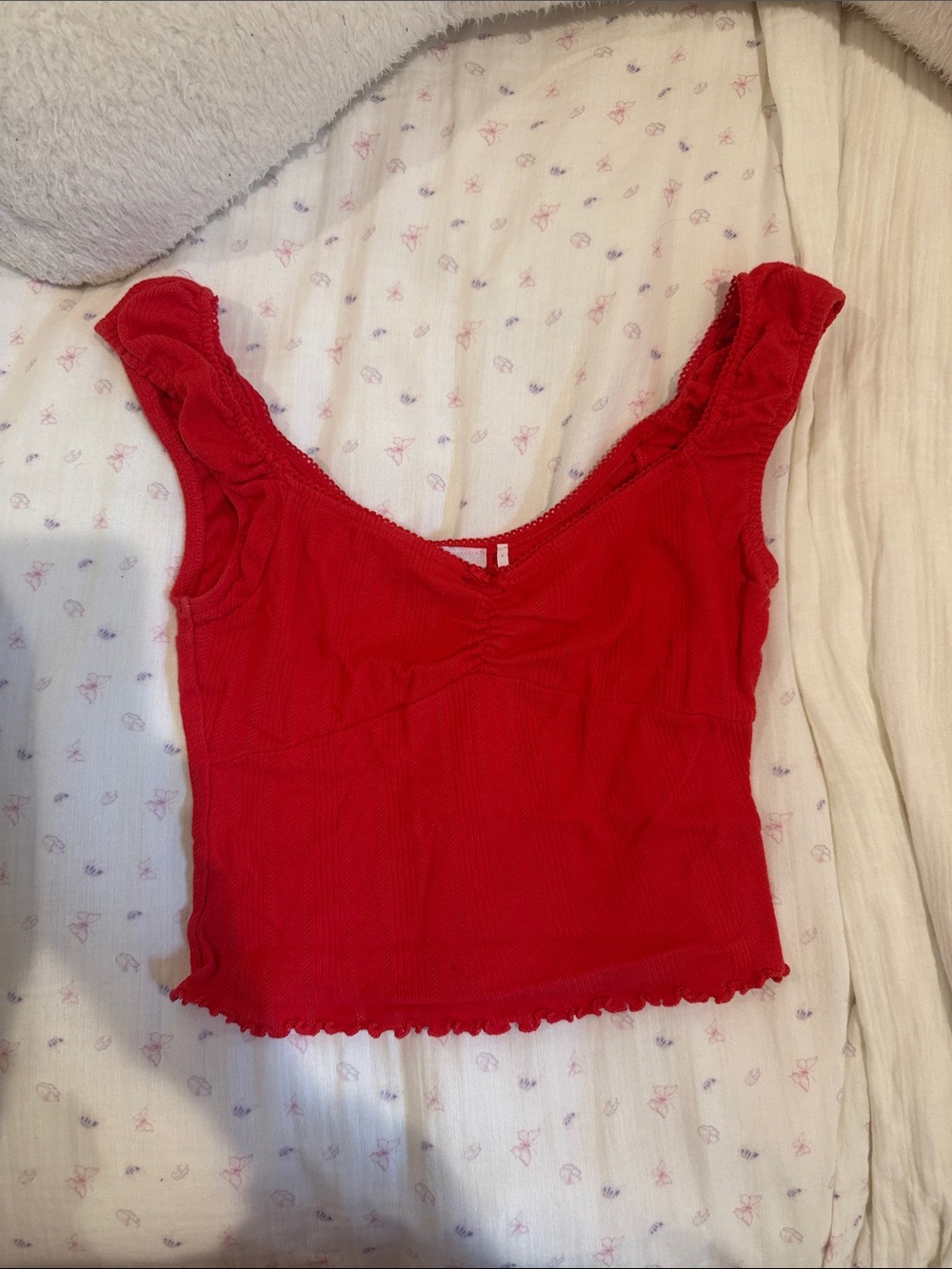 Urban Outfitters Red Ribbed Crop Tank with Ruffle Trim
